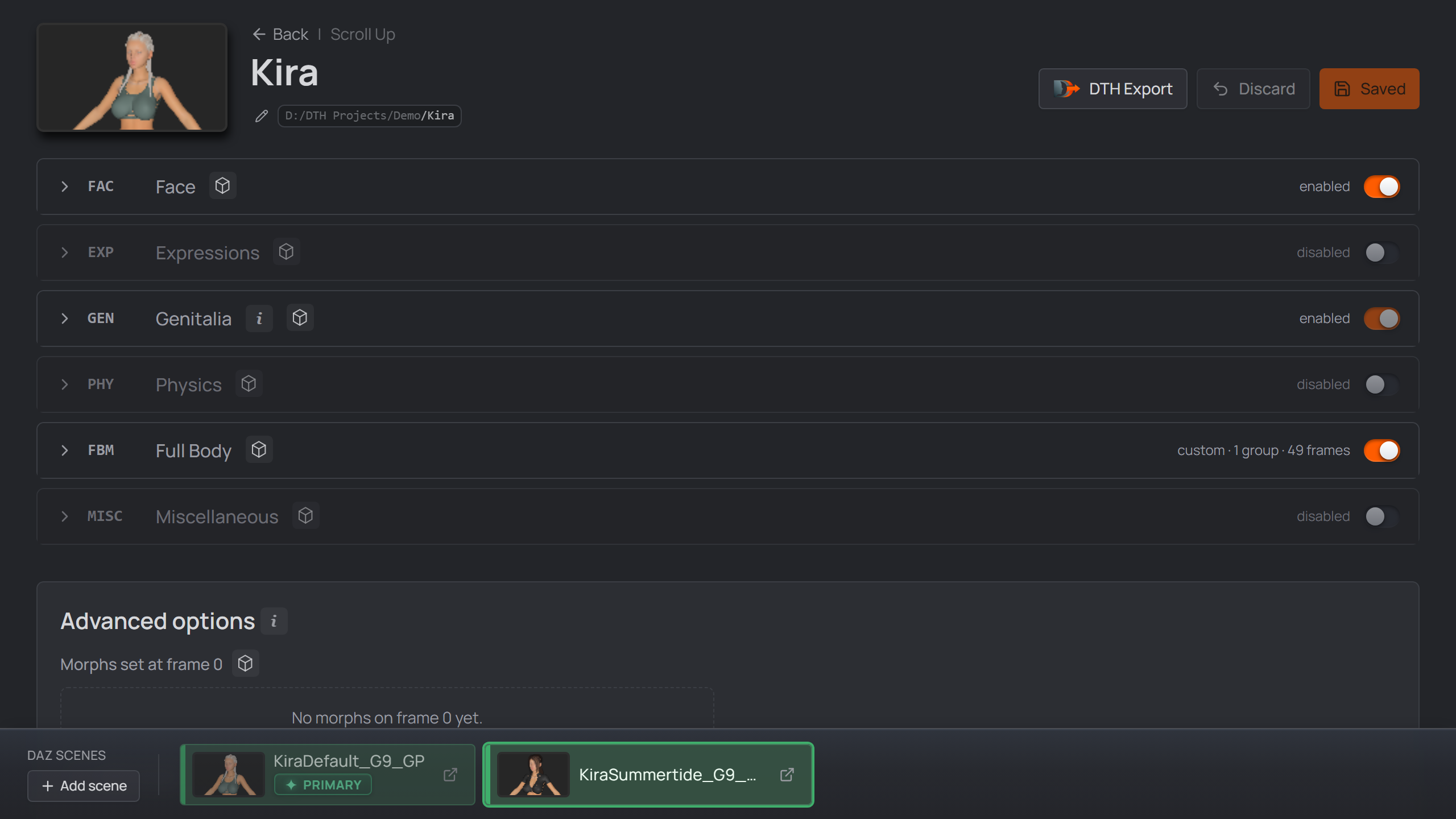the docked scene bar at the bottom of the character page — the selected scene prominent on the left, other linked scenes in a rail