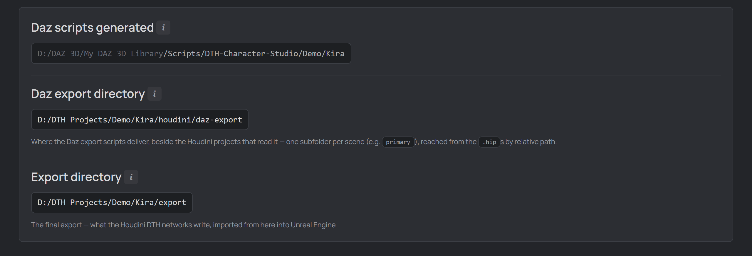 the Daz scripts generated box — install location and the two export directories