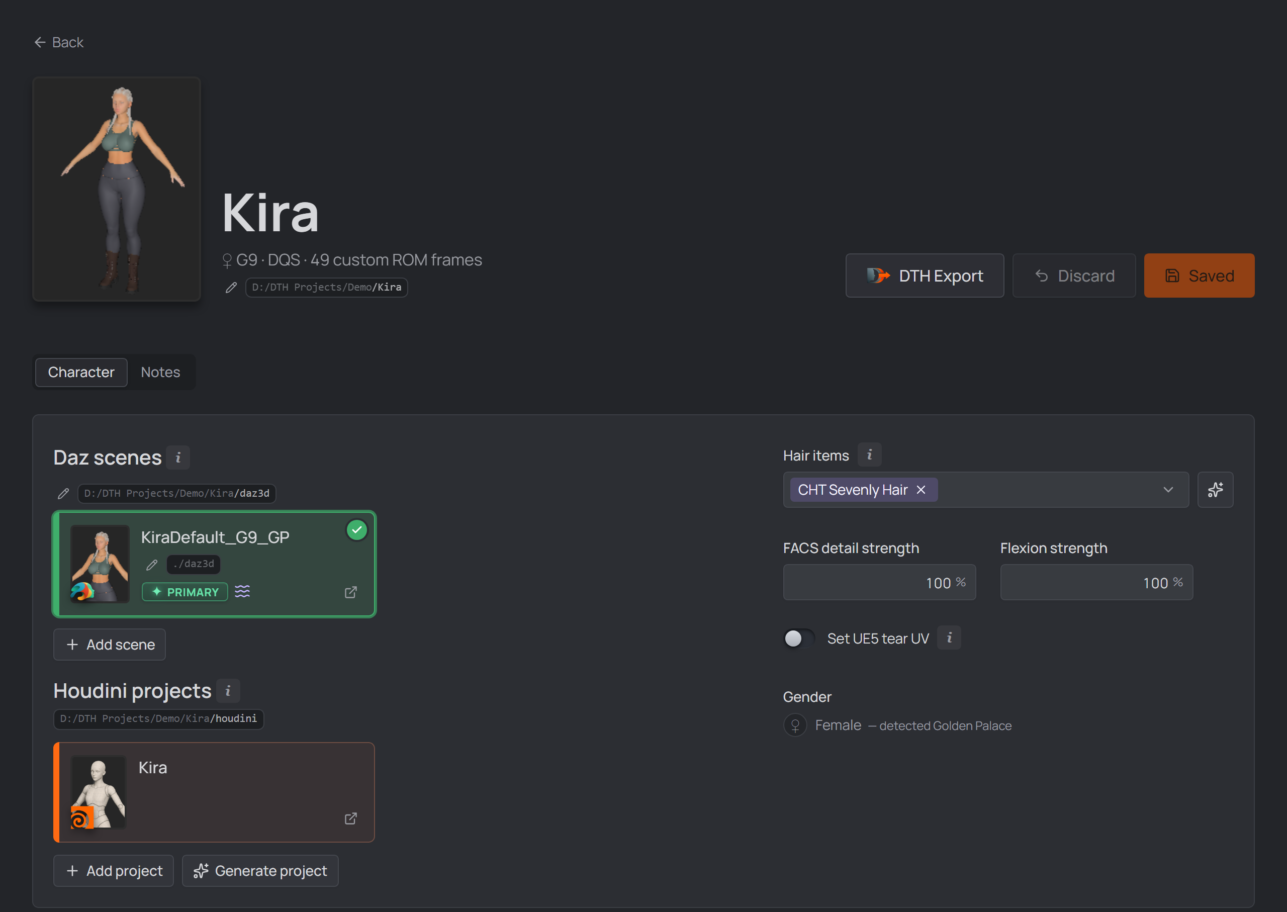 character page top — primary Daz scene, hair items, Genesis 9 dials, derived Gender, linked Houdini project