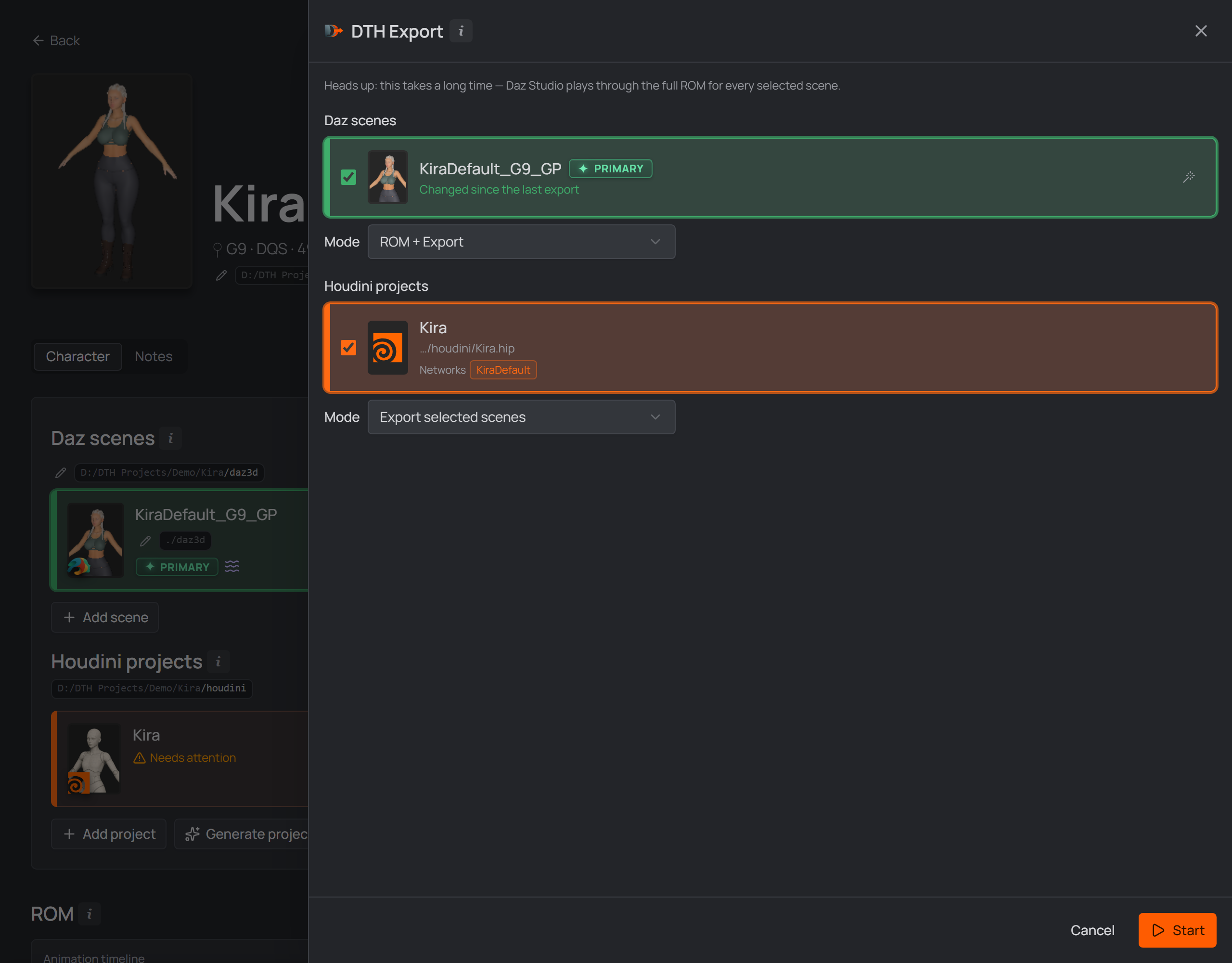 the DTH Export panel — Daz scenes and Houdini projects, each with their Mode