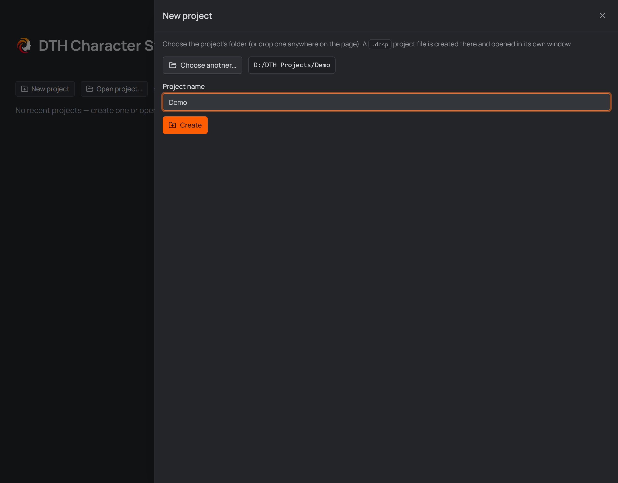 home screen, new project panel