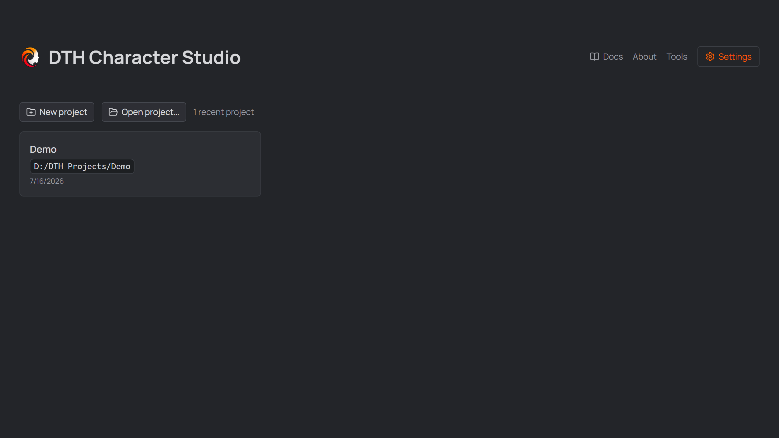 Home screen with the project in the recent list