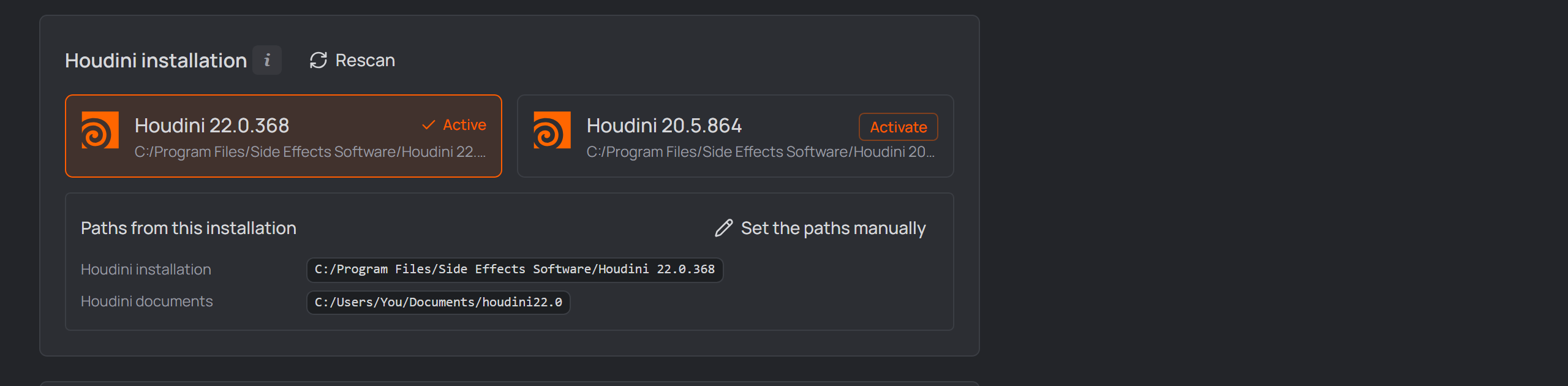 Houdini installation cards with the install and documents folders they derive