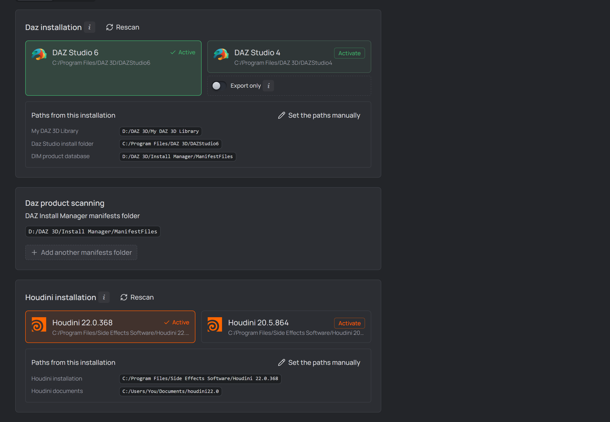 Settings → General with a Daz Studio and a Houdini installation card activated